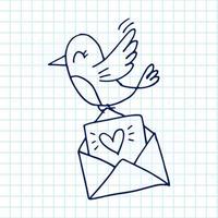 ensemble d'éléments de doodle mignons dessinés à la main sur l'amour. autocollants de message pour les applications. icônes pour la saint valentin, les événements romantiques et le mariage. cahier à carreaux. oiseau avec enveloppe avec lettre d'amour. vecteur