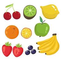 fruits sucrés. raisins, fraise, mûre, cerise, pastèque, ananas, papaye, mangue, pomme, banane, orange, citron vert. objets vectoriels réalistes 3d, vecteur
