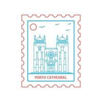 timbre-poste de la cathédrale de porto illustration vectorielle de style ligne bleue et rouge vecteur