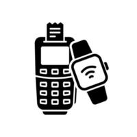 paiement sans fil sur pos en utilisant l'icône silhouette smartwatch. transaction de paiement numérique nfc sur le pictogramme de glyphe du terminal. montre électronique rfid pour l'icône de paiement sans numéraire. illustration vectorielle isolée. vecteur