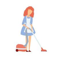 illustration vectorielle d'une femme au foyer isolée au travail. un personnage dans un style plat, une femme passant l'aspirateur dans la maison. vecteur