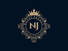 lettre nj logo victorien de luxe royal antique avec cadre ornemental. vecteur