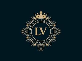 lettre lv logo victorien de luxe royal antique avec cadre ornemental. vecteur