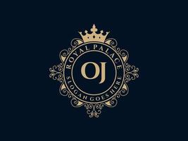 lettre oj logo victorien de luxe royal antique avec cadre ornemental. vecteur