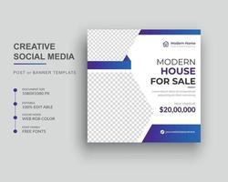 conception de bannière de publication de médias sociaux immobiliers et modèle de conception de maison à vendre. vecteur