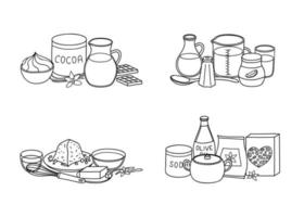 groupes d'ingrédients de cuisine dessinés à la main. vecteur