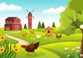 élevage de volailles avec agriculteur, cage, poulet et ferme d'oeufs sur la vue de fond de champ vert en illustration de modèle de dessin animé mignon dessiné à la main vecteur