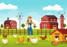 élevage de volailles avec agriculteur, cage, poulet et ferme d'oeufs sur fond de champ vert vue en illustration de modèle de dessin animé mignon dessiné à la main vecteur