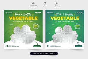 conception de publication de médias sociaux de légumes pour le marketing. vecteur de bannière web promotionnelle de légumes frais avec des couleurs vertes et jaunes. modèle d'affiche d'entreprise d'aliments biologiques avec des formes abstraites.