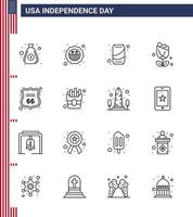 pack d'icônes vectorielles stock de jour américain 16 signes et symboles de ligne pour bouclier abondant bière usa fleur modifiable usa day vector design elements