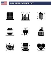 joyeux jour de l'indépendance 4 juillet ensemble de 9 glyphes solides pictogramme américain de barbecue américain usa manger des glaces modifiables usa day vector design elements