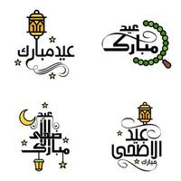 pack de 4 vecteurs de texte de calligraphie arabe avec la lune et les étoiles de l'aïd moubarak pour la célébration du festival de la communauté musulmane vecteur