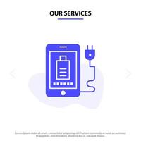 nos services charge mobile prise complète icône de glyphe solide modèle de carte web vecteur