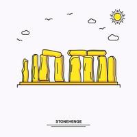 modèle d'affiche de monument de stonehenge fond d'illustration jaune de voyage dans le monde dans le style de ligne avec une belle scène de la nature vecteur