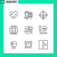 pack de 9 icônes de style de ligne définies symboles de contour pour imprimer des signes créatifs isolés sur fond blanc 9 jeu d'icônes fond de vecteur d'icône noire créative