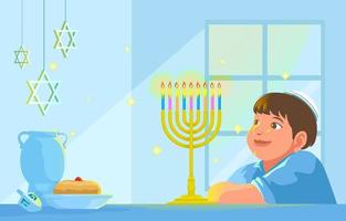 mignon garçon profitant des célébrations de hanukkah vecteur