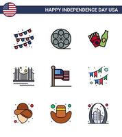 ensemble moderne de 9 lignes et symboles plats remplis le jour de l'indépendance des états-unis tels que le drapeau usa frize tourisme doré modifiable usa day vector design elements