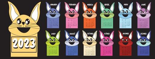 modèle de calendrier de lapin pour 2023. conception verticale avec des illustrations simples lumineuses et mignonnes de lapin mignon. vecteur