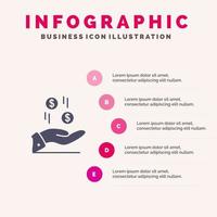 main dollar argent monnaie charité solide icône infographie 5 étapes présentation arrière-plan vecteur