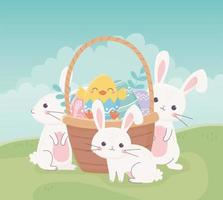 lapins mignons et oeufs pour la célébration de Pâques vecteur