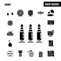 icônes de glyphes solides de l'armée définies pour l'infographie le kit uxui mobile et la conception d'impression incluent la loi d'application des badges de moniteur vecteur