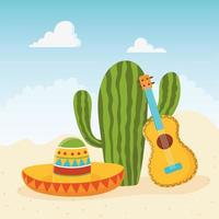 mignon cactus avec sombrero et guitare acoustique vecteur