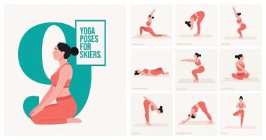 poses de yoga pour les skieurs. jeune femme pratiquant la pose de yoga. fitness d'entraînement de femme, aérobie et exercices. illustration vectorielle. vecteur