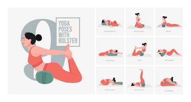 poses de yoga avec traversin de yoga. jeune femme pratiquant la pose de yoga. fitness d'entraînement de femme, aérobie et exercices. illustration vectorielle. vecteur