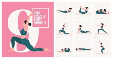 postures de yoga pour renforcer l'immunité. jeune femme pratiquant la pose de yoga. fitness d'entraînement de femme, aérobie et exercices. illustration vectorielle. vecteur