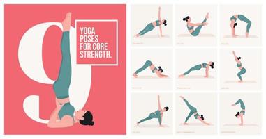 poses de yoga pour la force de base. jeune femme pratiquant la pose de yoga. fitness d'entraînement de femme, aérobie et exercices. illustration vectorielle. vecteur