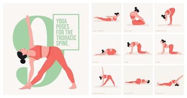 poses de yoga pour la colonne vertébrale thoracique. jeune femme pratiquant la pose de yoga. fitness d'entraînement de femme, aérobie et exercices. illustration vectorielle. vecteur