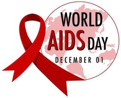 logo de la journée mondiale du sida ou bannière avec ruban rouge sur la carte du monde bcakground vecteur