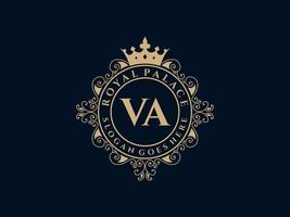 lettre va logo victorien de luxe royal antique avec cadre ornemental. vecteur