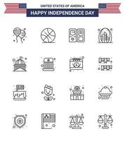 ligne de jour de l'indépendance des états-unis ensemble de 16 pictogrammes des états-unis de la construction d'un livre historique vecteur