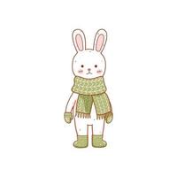 lapin de dessin animé mignon vêtu d'une écharpe chaude, de mitaines, de bottes en feutre vecteur