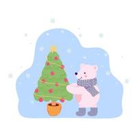 ours polaire mignon décore l'illustration de dessin animé de sapin de noël vecteur