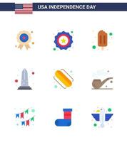 usa jour de l'indépendance ensemble plat de 9 pictogrammes usa de hotdog glace washington usa monument modifiable usa day vector design elements