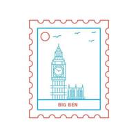 illustration vectorielle de style ligne bleue et rouge de timbre-poste big ben vecteur