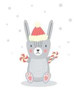 personnage de lapin mignon avec canne en bonbon. illustration de noël pour l'art mural de la pépinière dans un style scandinave. vecteur