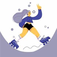 dessin animé mignon fille patinage à roulettes et donnant signe de paix vecteur