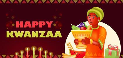 heureux kwanzaa, illustration 3d d'une femme africaine portant des fruits et des cadeaux vecteur