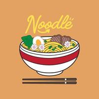 illustration vectorielle de nouilles ramen sur bol et baguettes avec style plat rétro vintage. soupe de nouilles japonaises. vecteur