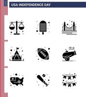 joyeux jour de l'indépendance usa pack de 9 glyphes solides créatifs de sports ball gate tente camp modifiable usa day vector design elements