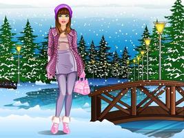 personnage féminin de tenue d'hiver sur une scène de fond de paysage gelé. illustration vectorielle vecteur