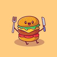 burger mignon tenant un couteau et une fourchette illustration d'icône de vecteur de dessin animé. concept d'icône de dessin animé de restauration rapide isolé vecteur premium. style de dessin animé plat