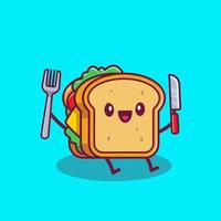 mignon sandwich tenant un couteau et une fourchette dessin animé vecteur icône illustration. concept d'icône de dessin animé de restauration rapide isolé vecteur premium. style de dessin animé plat