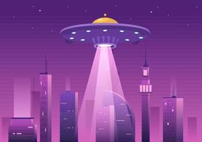 ovni vaisseau spatial volant avec des rayons de lumière dans le ciel nuit vue sur la ville et extraterrestre dans l'illustration de modèles dessinés à la main de dessin animé plat