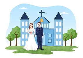 cérémonie de mariage dans le bâtiment de l'église catholique cathédrale avec l'heureux couple en dessin animé plat illustration de modèle dessiné à la main vecteur