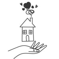 mains de doodle dessinés à la main tenant la maison avec illustration d'icône de coeur vecteur