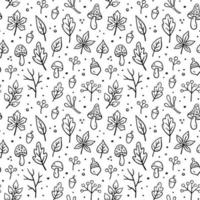 modèle sans couture d'automne. illustration florale vectorielle dans un style doodle. motif d'automne avec des éléments d'automne - champignons, feuilles de chêne, feuilles d'érable, feuilles d'automne, glands, brindilles sèches. vecteur